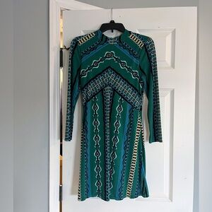 Free People Green and Blue Geometric Long Sleeve Dress